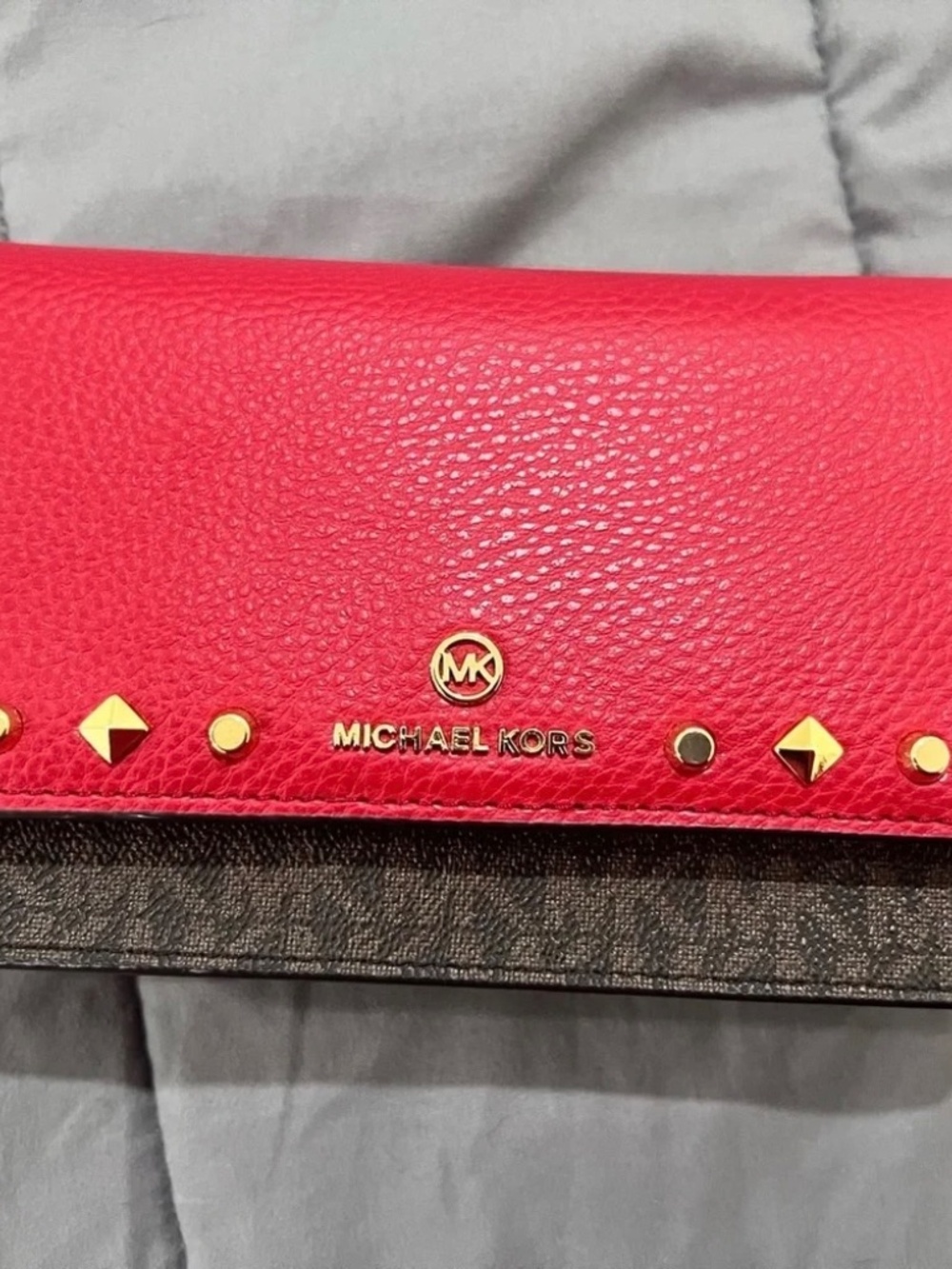 Michael Kors Crimson and Brown Signature Studded Crossbody Wallet - Picture 3 of 15